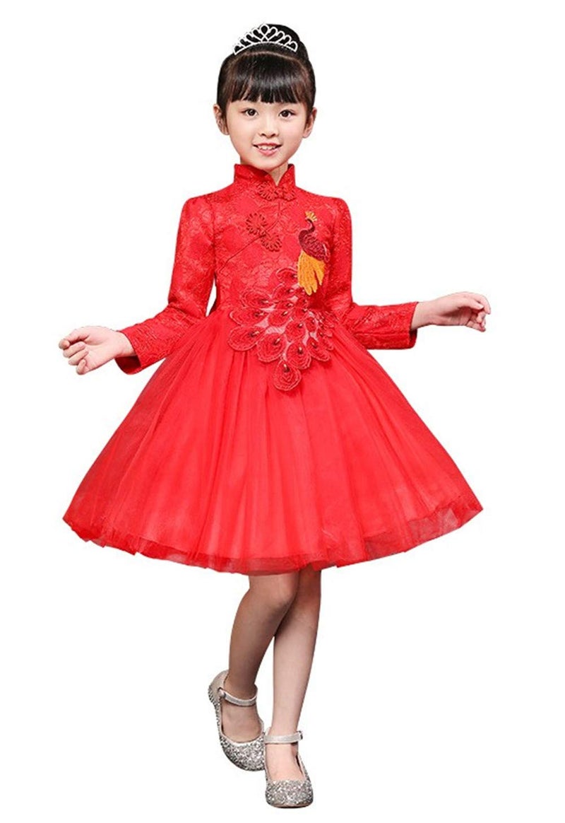 ELUCKFACE Girls Chinese Cheongsam Tutu Dresses Retro Embroidery Princess Dresses for Age 3-10Years Red - Image 1